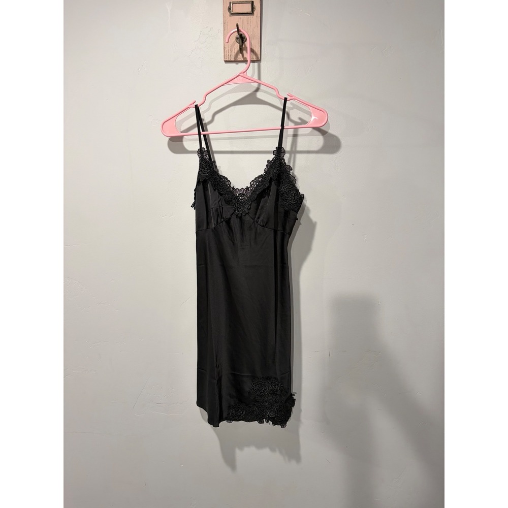 Black Satin Lace Trim Slip Dress Adjustable Straps Small